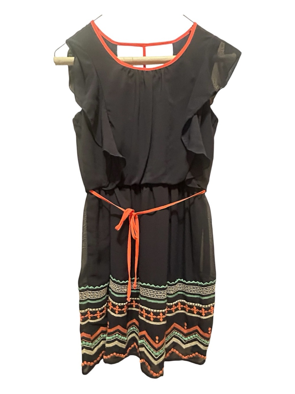 Speechless Navy Blue Dress. Orange Trim and Multicolor Embroidered Hem size 12